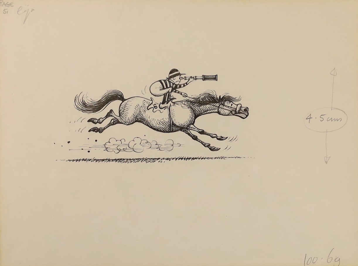 Norman Thelwell (1923-2004), original pen and ink illustration, 'Jockey fallen behind', annotated in pencil, 19 x 25cm